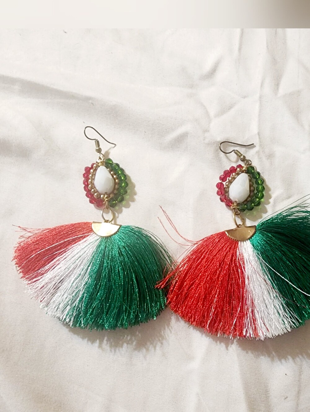 Festive Red, White & Green Tassel Drop Earrings - Women Jewelry